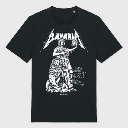 Bayerisches Shirt "Bavaria … And Prosit For All" – Bavaria-Statue mit Maßkrug & Löwe, inspiriert von epischer Rock-Ästhetik, hochwertiger Siebdruck.