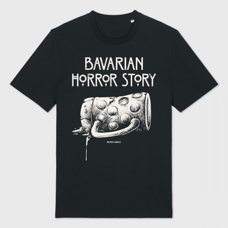 Bayerisches Shirt "Bavarian Horror Story" – humorvolles Horror-Design mit umgekipptem Maßkrug, inspiriert von schwarzem Humor & bayerischer Bierkultur, hochwertiger Siebdruck.