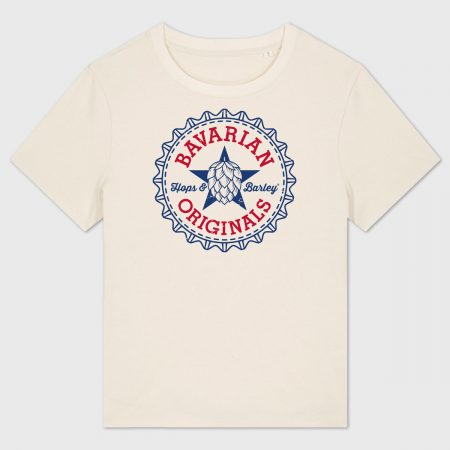 Damen T-Shirt „Bavarian Originals“ in Natural Raw mit Hopfen-Stern und Kronkorkenrand