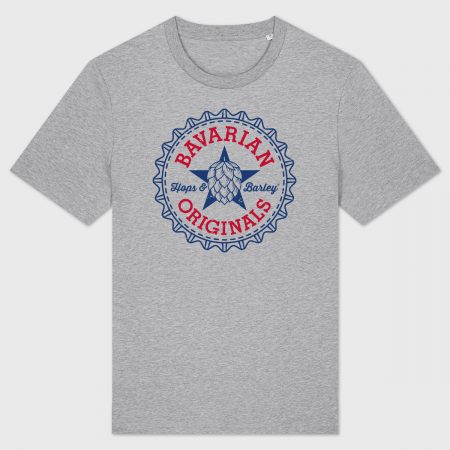 Graues T-Shirt „Bavarian Originals“ mit Hopfen-Stern und Kronkorkenrand
