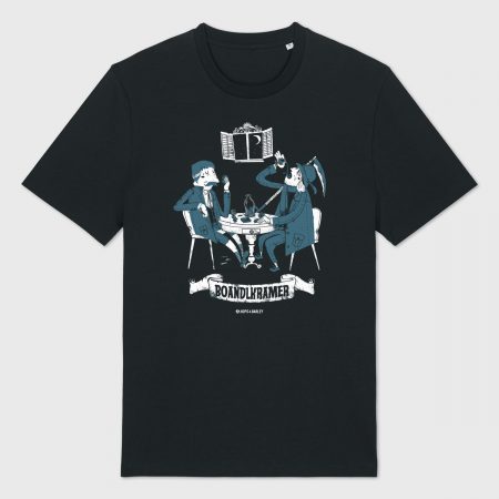 Bayerische Zeichnung des Boandlkramers, wie er mit dem Brandner Kaspar beim Stamperl sitzt – inspiriert von der berühmten Szene aus „Der Brandner Kaspar und das ewig’ Leben“