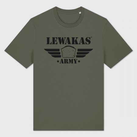 Olivgrünes T-Shirt mit schwarzem Aufdruck „Lewakas Army“. In der Mitte ein stilisierter Leberkas mit Flügeln, deren Unterkanten die Struktur eines Brotmessers aufgreifen.