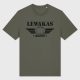Olivgrünes T-Shirt mit schwarzem Aufdruck „Lewakas Army“. In der Mitte ein stilisierter Leberkas mit Flügeln, deren Unterkanten die Struktur eines Brotmessers aufgreifen.