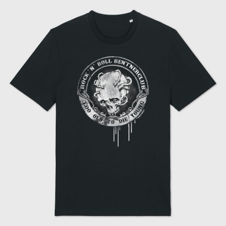 Rock ’n’ Roll Rentnerclub Shirt mit Totenkopf-Design und Vintage-Rock-Optik. Too old to die young"
