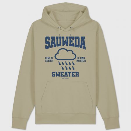 Beiger Hoodie „Sauweda Sweater“ mit Regenwolken-Motiv und bayerischem Spruch