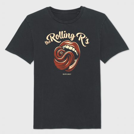 T-Shirt „The Rolling R’s“ in Vintage-Schwarz mit Zungenmotiv und bayerischem Dialektbezug