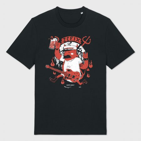 Illustration eines bayerischen Teufelchens mit Maßkrug und Gitarre, umgeben von Flammen, mit dem Schriftzug „Zefix“ – inspiriert vom Aloisius aus „Ein Münchner im Himmel“.