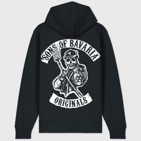 Bayerischer Kapuzenzipper „Sons of Bavaria“ -Totenkopf mit Maßkrug und Mistgabel, inspiriert von bayerischer Tradition und rebellischem Geist. Großflächiger Rückenprint auf schwarzem Zipperlein